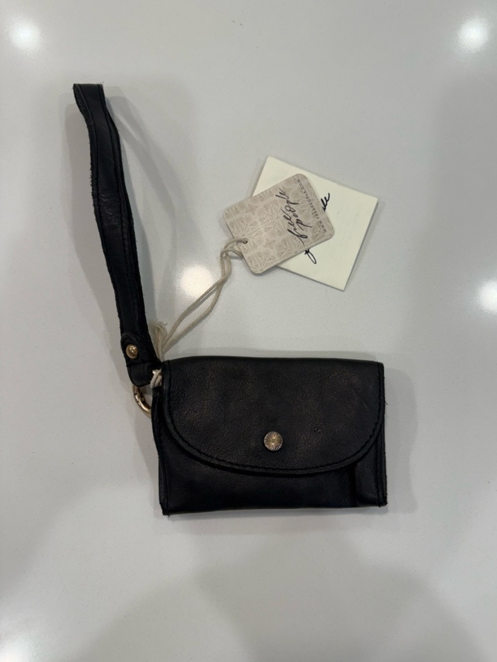 NWT Free People Black Leather Bag Lanyard Coin ID Wristlet Wallet Boho Travel